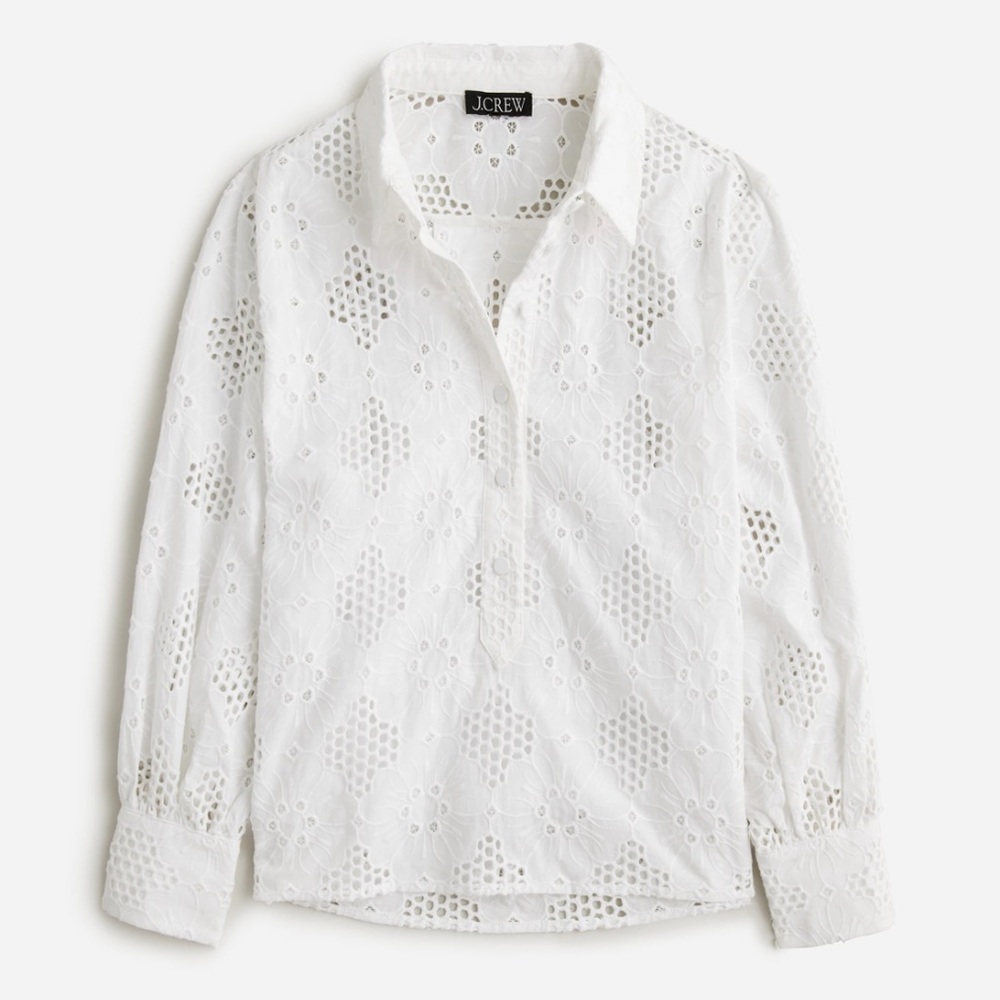 J Crew Popover Eyelet Long Sleeve Cotton Blouse